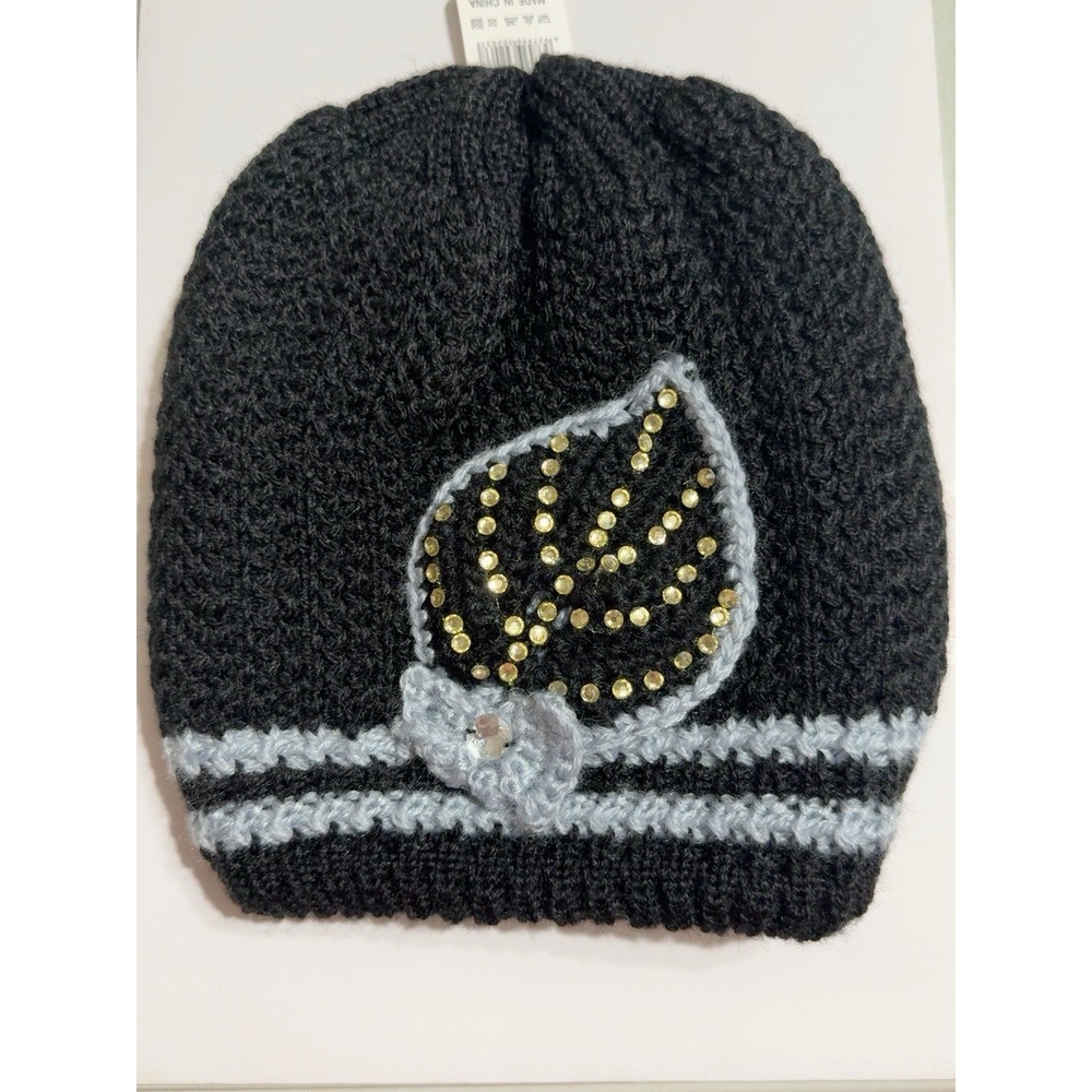 K0284-Women's Black Knit Beanie Hat Gold Rhinestone Embellished Winter NWT